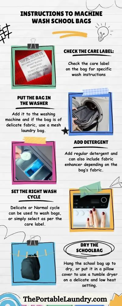 instructions to machine wash school bag