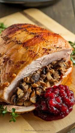 Wild Mushroom Stuffed Turkey Breast with Cranberry Coulis