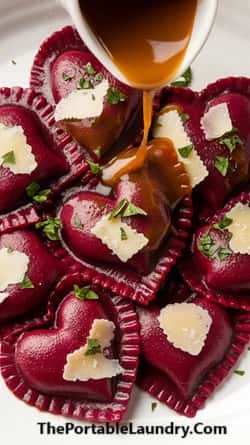 Heart-Shaped Ravioli with Beet Pasta Dough-served