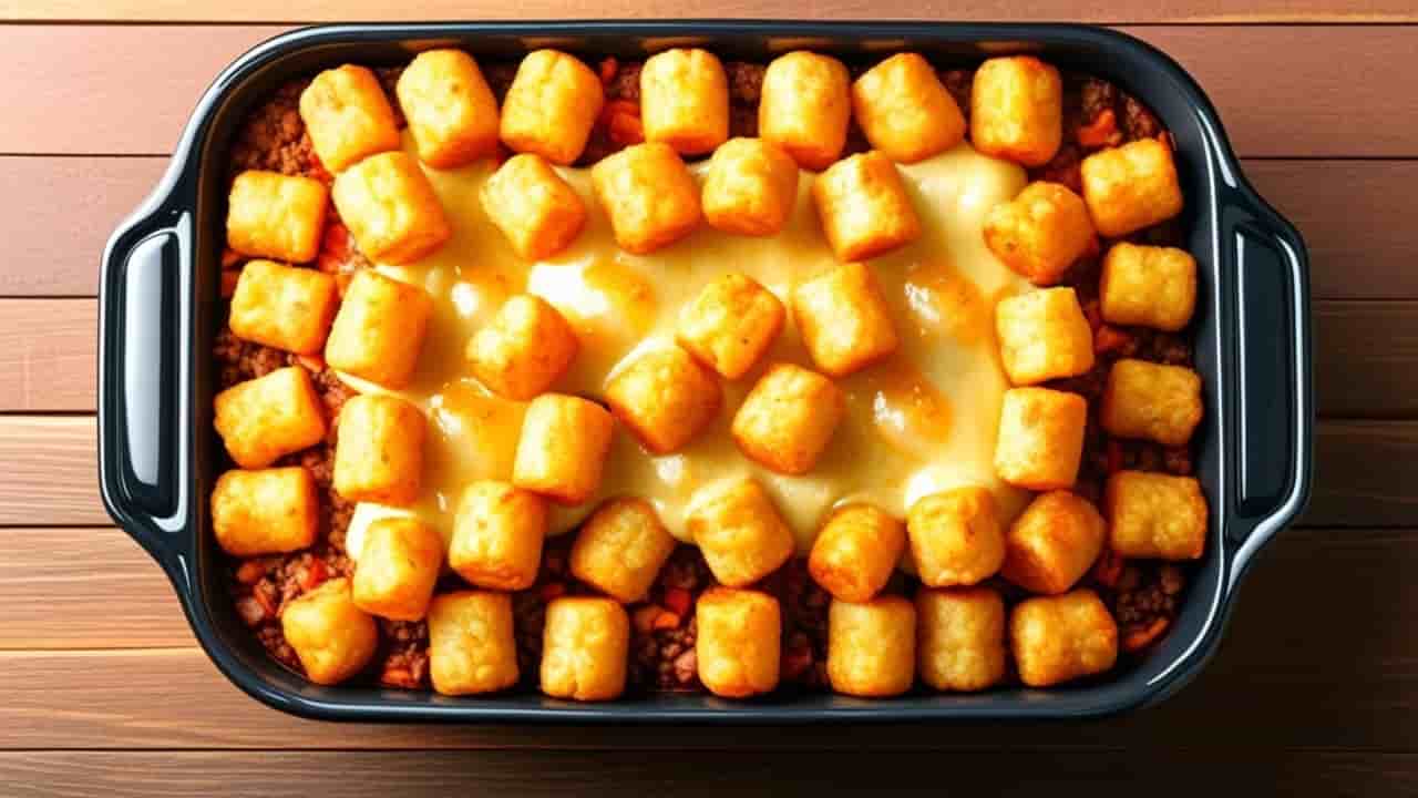 Korean BBQ Beef and Kimchi Tater Tot Bake recipe-featured