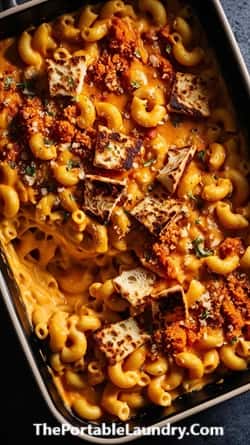 Masala Mac and Cheese with coarse garlic naan crumbs on top