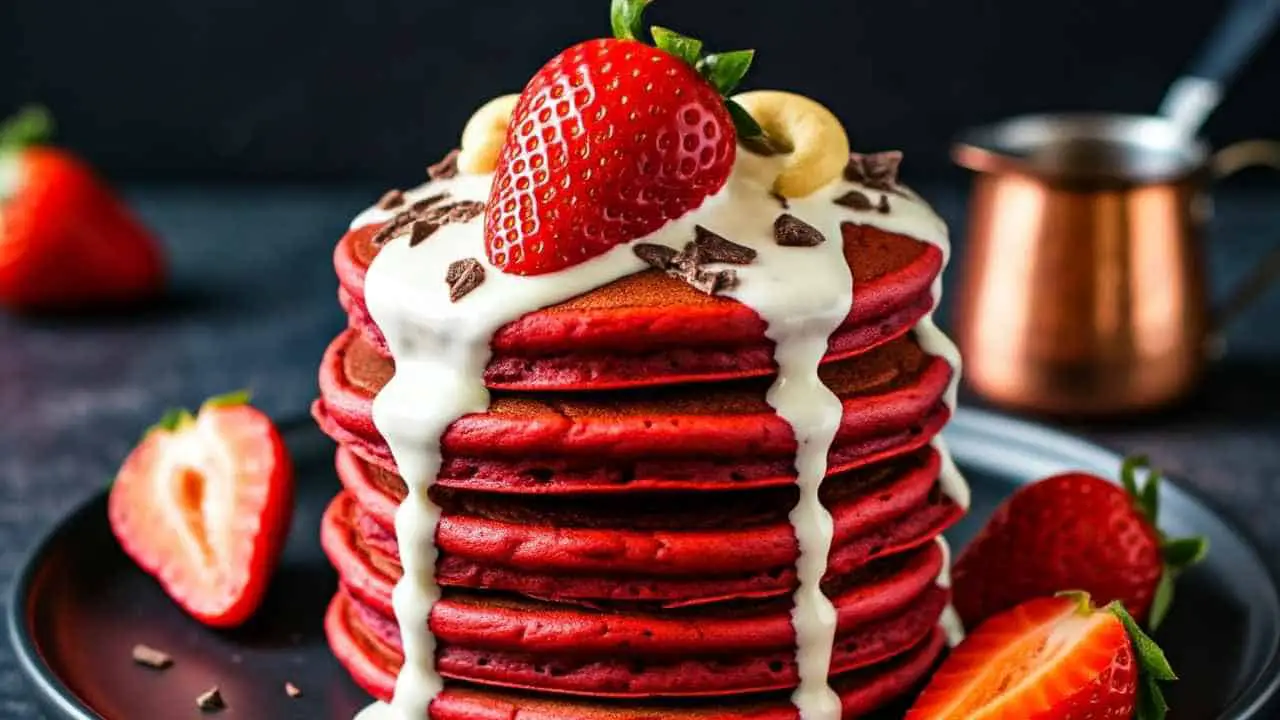 Red Velvet Pancakes with Cashew Cream Frosting for Valentine’s Day-featured