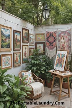 12. Boho Patio with Outdoor Art Gallery