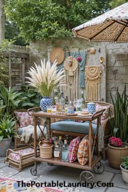 18. Boho Patio with a Vintage Bar Cart