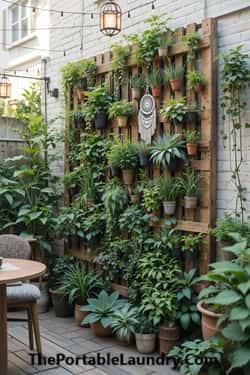 27. Boho Patio with a Vertical Garden Wall