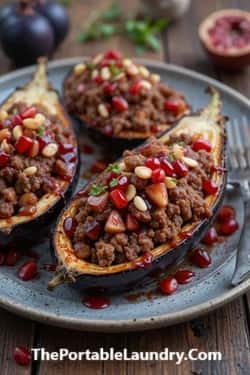 Ground Beef and Fresh Fig Stuffed Eggplant Boats with Pomegranate Molasses