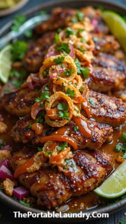 Korean Peruvian Gochujang Pollo with Kimchi-Aji Verde Sauce-served