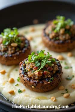 9. Stuffed King Oyster Mushroom Scallops with Cauliflower Puree