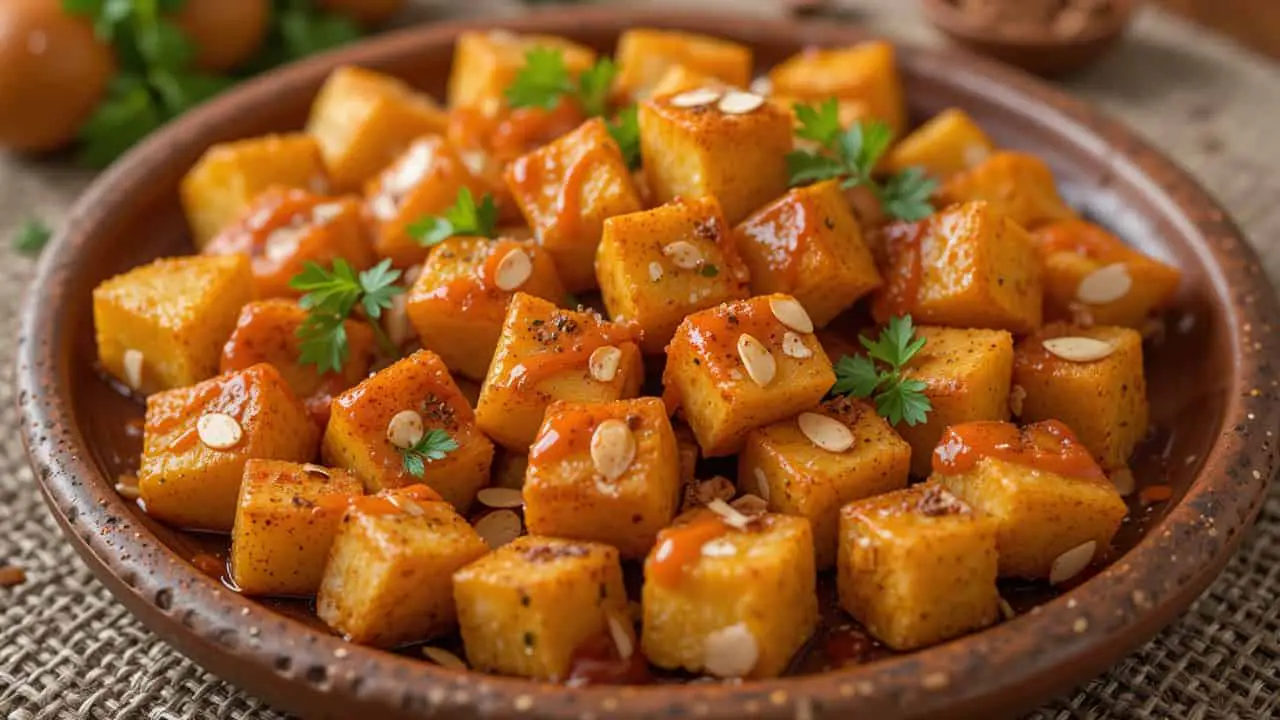 Zero Oil Recipe Spanish Patatas Bravas with Almond Sauce-featured