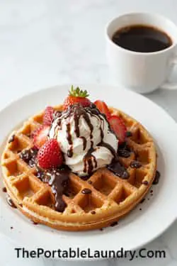 9. Belgian Waffles with Whipped Cream and Chocolate Drizzle