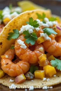 Bobby Flay Shrimp Tacos with Mango Salsa - served