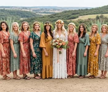 15. Earthy Toned Bridesmaids in Mixed Dresses