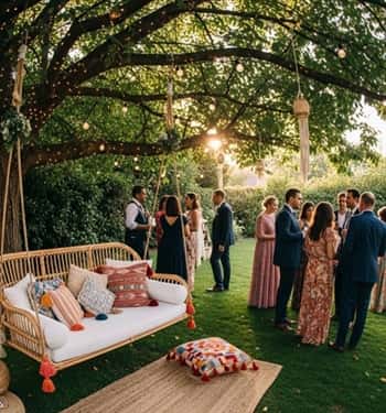 19. Rattan Swing Lounge with Throw Pillows