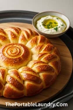 6. Golden Sun Wheel Bread with Herby Olive Oil Dip