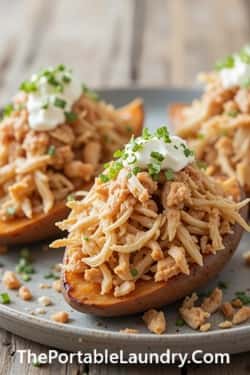 9. Loaded Sweet Potato Wedges with Pulled Chicken