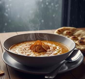 1. Spiced Lentil Coconut Soup with Crispy Garlic Chips
