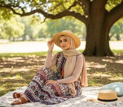 10. Printed Boho Dress with Tassels + Straw Hat