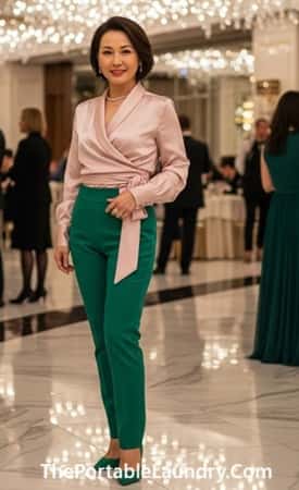 11. Cigarette Pants in Jewel Tones + Satin Wrap Blouse