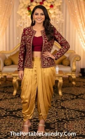 15. Silk Dhoti Pants + Embellished Short Jacket (Fusion Glam)