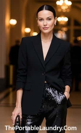 2. Sequin Jogger-Style Pants + Fitted Blazer (30s - 40s Friendly)