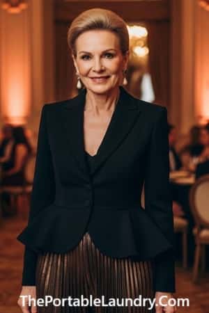 5. Metallic Pleated Pants + Structured Peplum Jacket (Perfect for 50+)jpg