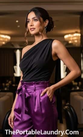 6. Satin Paperbag Waist Pants + One-Shoulder Draped Bodysuit