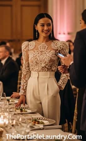 7. High-Waisted Crepe Trousers + Structured Sheer Overlay Top