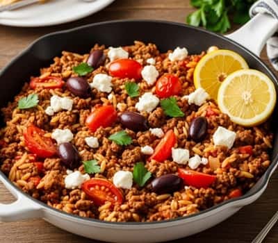 9. Greek-Inspired Ground Beef Orzo Skillet