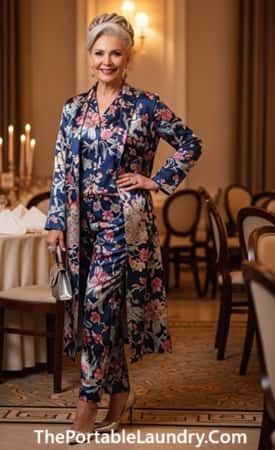 9. Printed Silk Pants + Matching Longline Jacket (Best for 50+ Glam Queens)