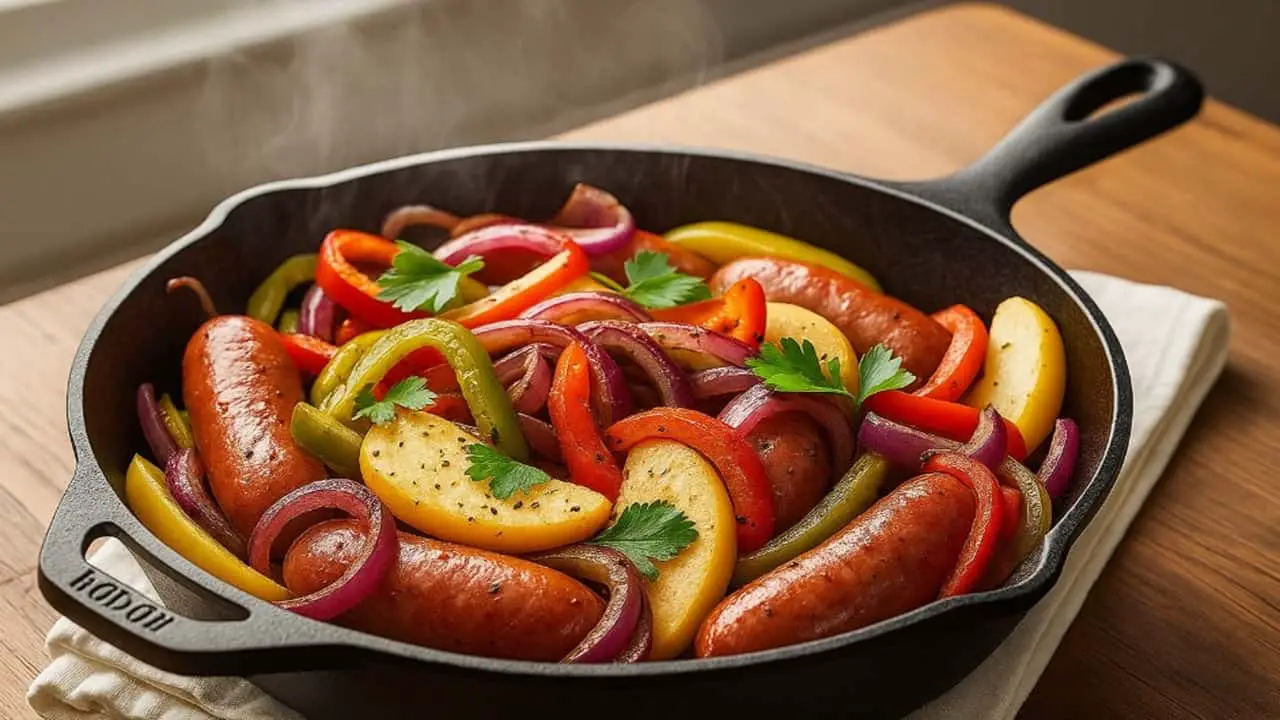 Smoky Skillet Kielbasa Sausage Recipe with Apples & Peppers - featured