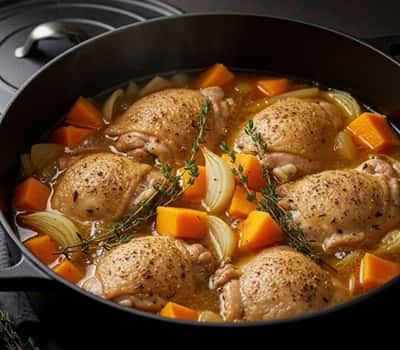 1. Apple Cider Braised Chicken with Butternut & Onions
