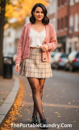 1. Blush Cardigan + Pleated Mini + Sheer Tights