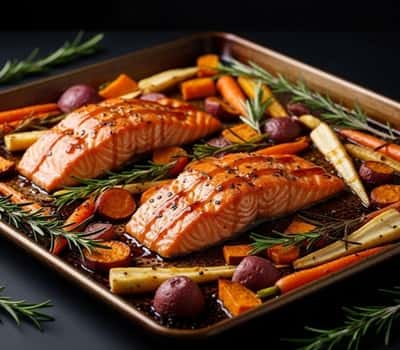 1. Maple Dijon Glazed Salmon with Roasted Root Veggies