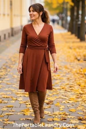 1. Rust-Colored Wrap Dress with Suede Knee-High Boots