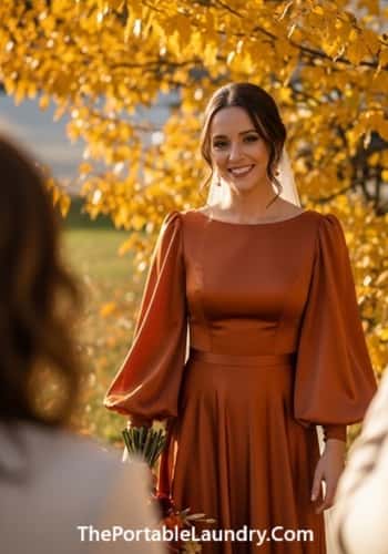 1. The Long-Sleeved Burnt Orange Silk Gown
