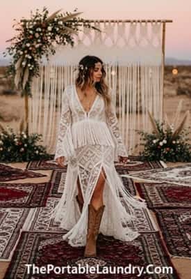 10. Fringed Lace Maxi Dress with V-Neck and Side Slits