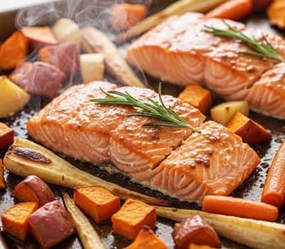 10. Miso-Roasted Salmon with Roasted Root Veggies