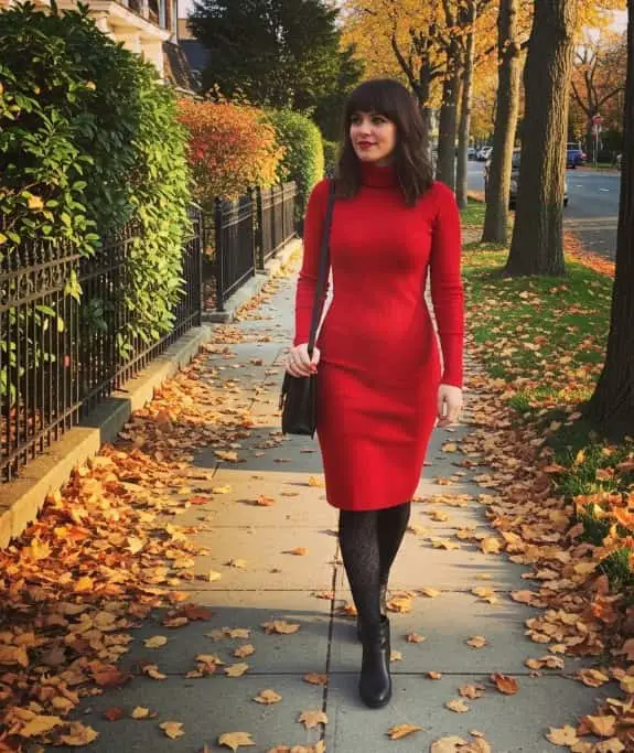 10. Red Turtleneck Midi Dress with Patterned Tights