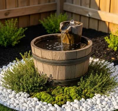 10. Rustic White Stone Barrel Fountain