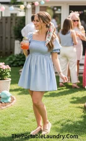 10. Smocked Mini Dress + Espadrille Flats + Hair Scarf