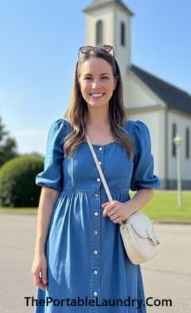 10. Soft Denim Dress with Puff Sleeves