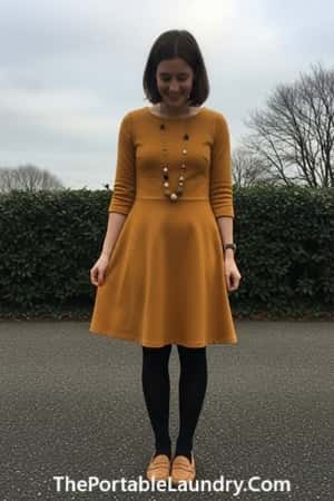 11. Mustard Yellow A-Line Dress with Textured Tights