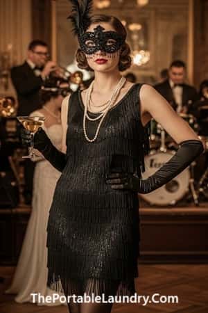 11. Short Black Fringe Dress with Beaded Mask