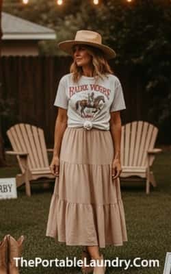 11. Tiered Skirt + Graphic Tee + Wide-Brimmed Hat