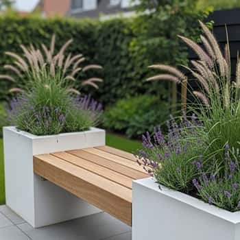 11. White Cement Planters with Built-in Bench Edges