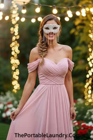 12. Blush Pink Off-Shoulder Dress with Pearl Accessories