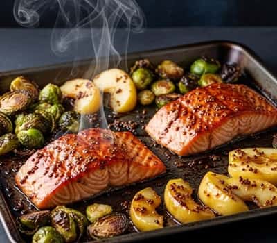 12. Maple Glazed Salmon with Roasted Brussels & Apple Slices