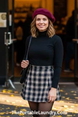 13. Flared Mini Skirt + Turtleneck + Beret