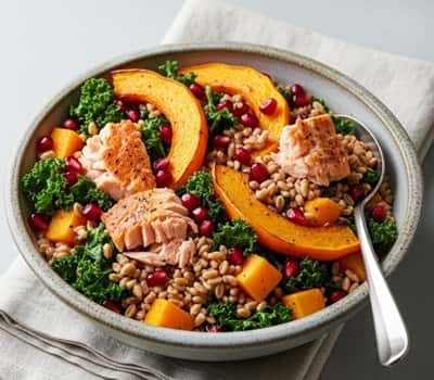 13. Harvest Grain Bowl with Salmon & Pomegranate