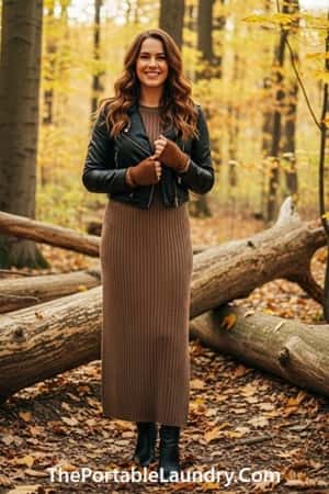 13. Knitted Maxi Dress + Leather Jacket Combo